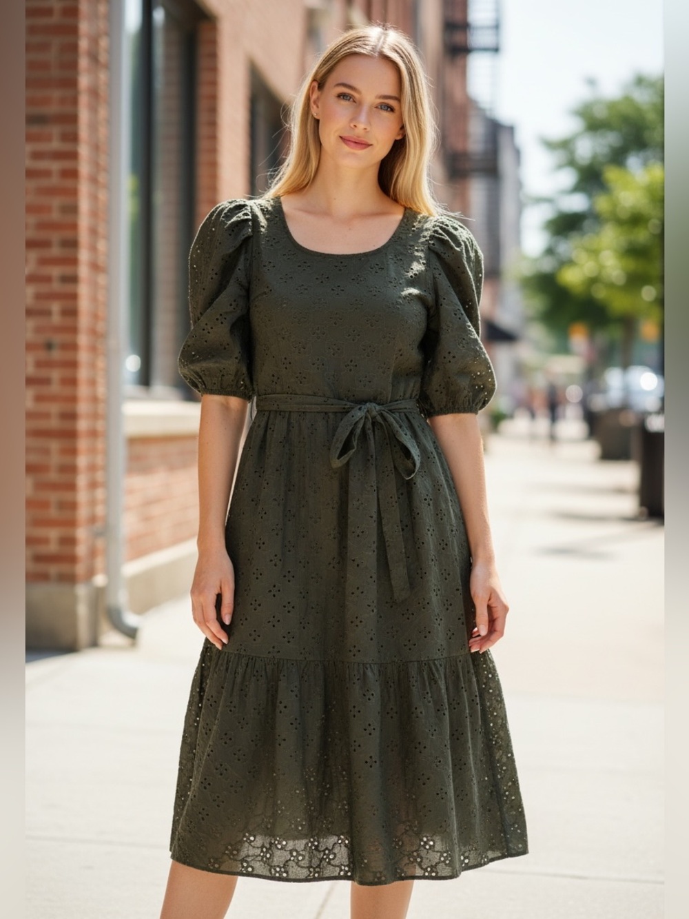 Little Cottonwood Olive Green Eyelet Midi Dress XL 100% Cotton Cottagecore
